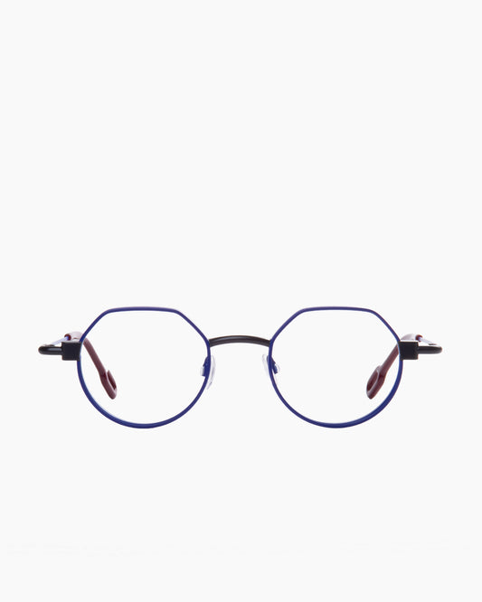 blue metal round eyeglasses by Anne et Valentin model MECASMART, front view, lunettes de vue rond couleur bleu