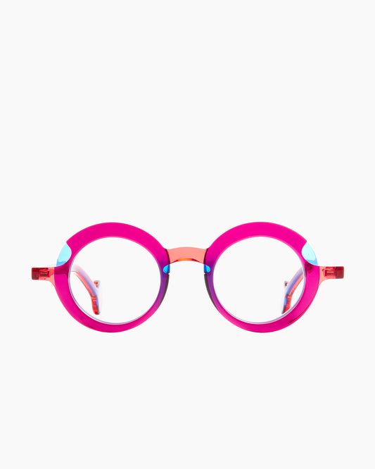 pink plastic round eyeglasses by Theo model Sara, front view, lunettes de vue rond couleur rose