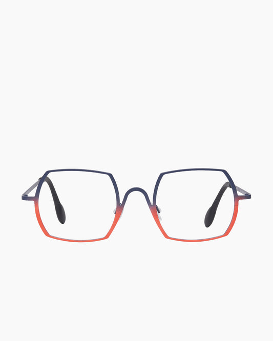 orange metal rectangle eyeglasses by Theo model Cambria, front view, lunettes de vue rectangle couleur Orange