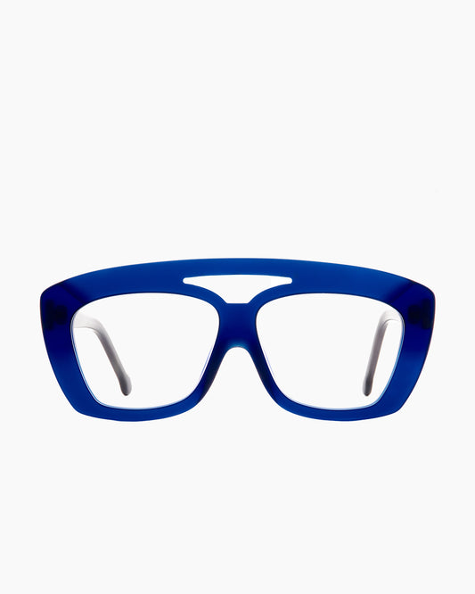 blue plastic aviator  sunglassesby Marie-Sophie Dion model Nelsonp, front view, lunettes de vue aviateur couleur Bleu