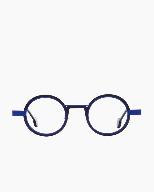 blue metal round eyeglasses by Anne et Valentin model wellok, front view, lunettes de vue rond couleur bleu