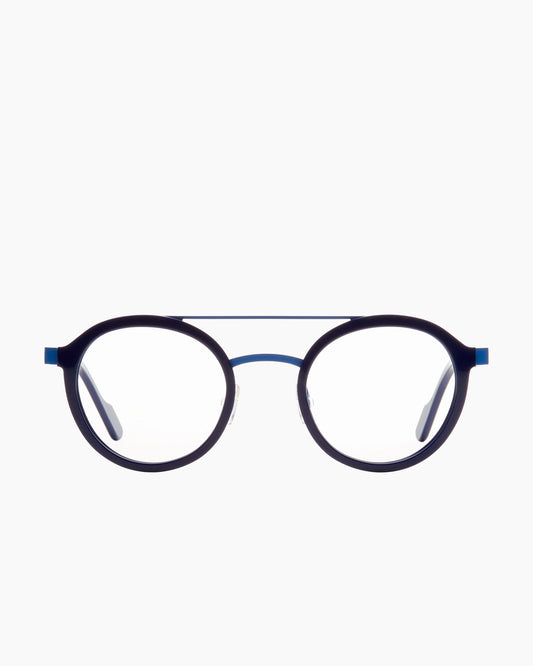 blue metal round eyeglasses by Anne et Valentin model Folamour, front view, lunettes de vue rond couleur bleu