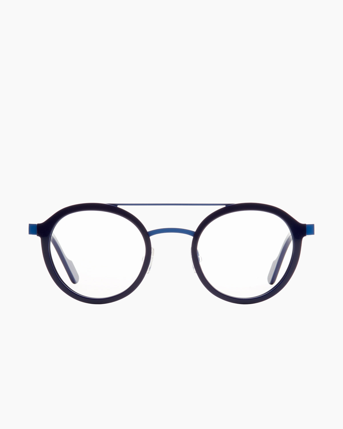 blue metal round eyeglasses by Anne et Valentin model Folamour, front view, lunettes de vue rond couleur bleu