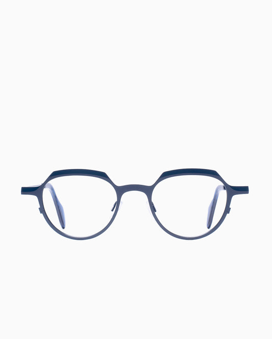 blue metal round eyeglasses by Theo model Obus, front view, lunettes de vue rond couleur Bleu