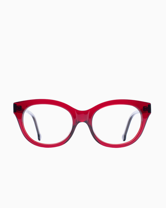 red plastic cat eyeglasses by Marie-Sophie Dion model Gauthier, front view, lunettes de vue chat couleur bourgogne