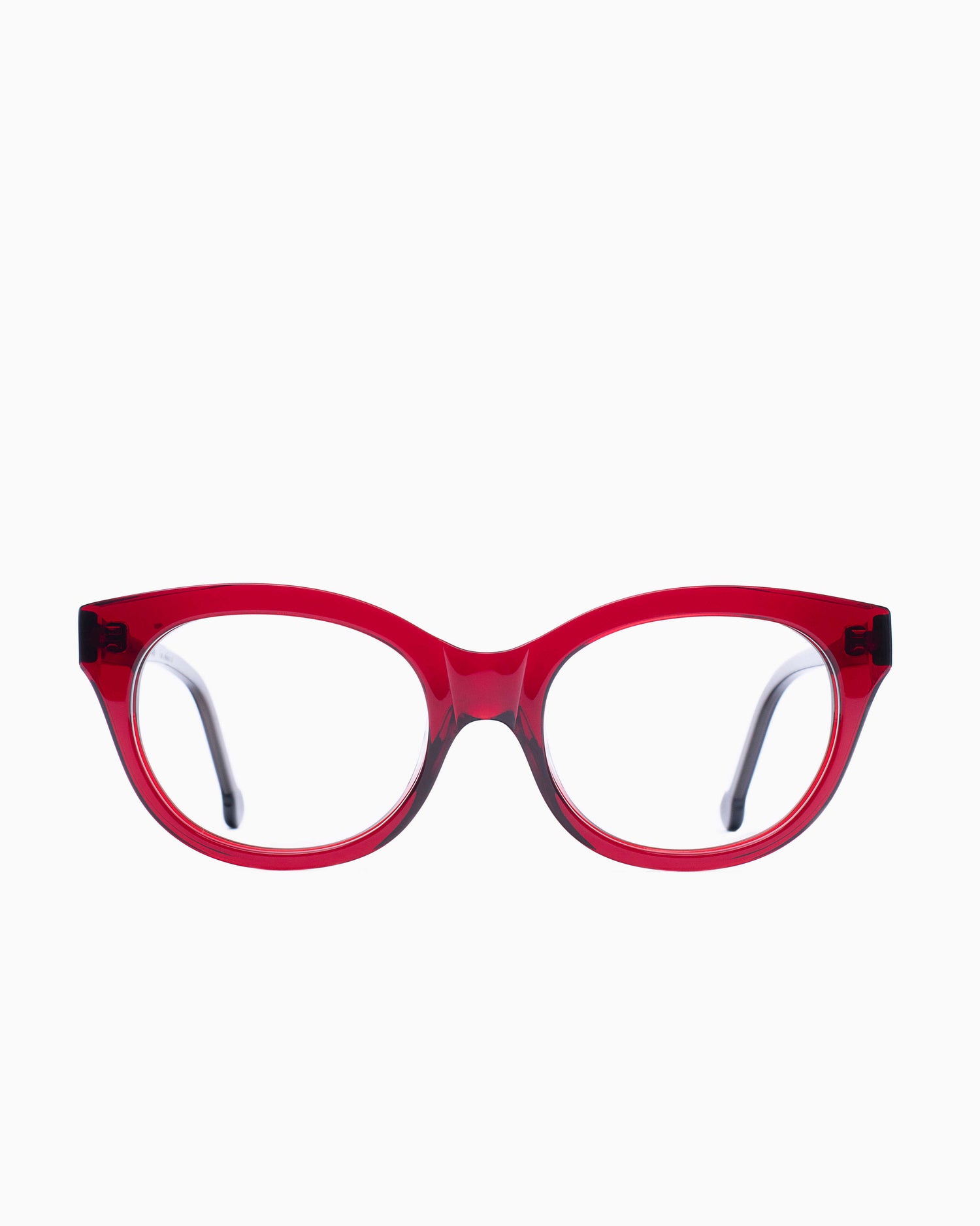 red plastic cat eyeglasses by Marie-Sophie Dion model Gauthier, front view, lunettes de vue chat couleur bourgogne