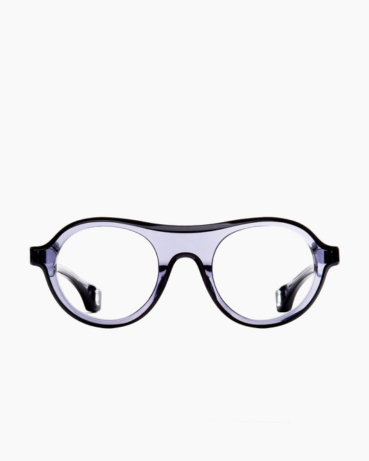 grey plastic round eyeglasses by Blake Kuwahara model prouvé, front view, lunettes de vue rond couleur gris