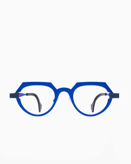blue metal oval eyeglasses by Theo model falte, front view, lunettes de vue ovale couleur Bleu