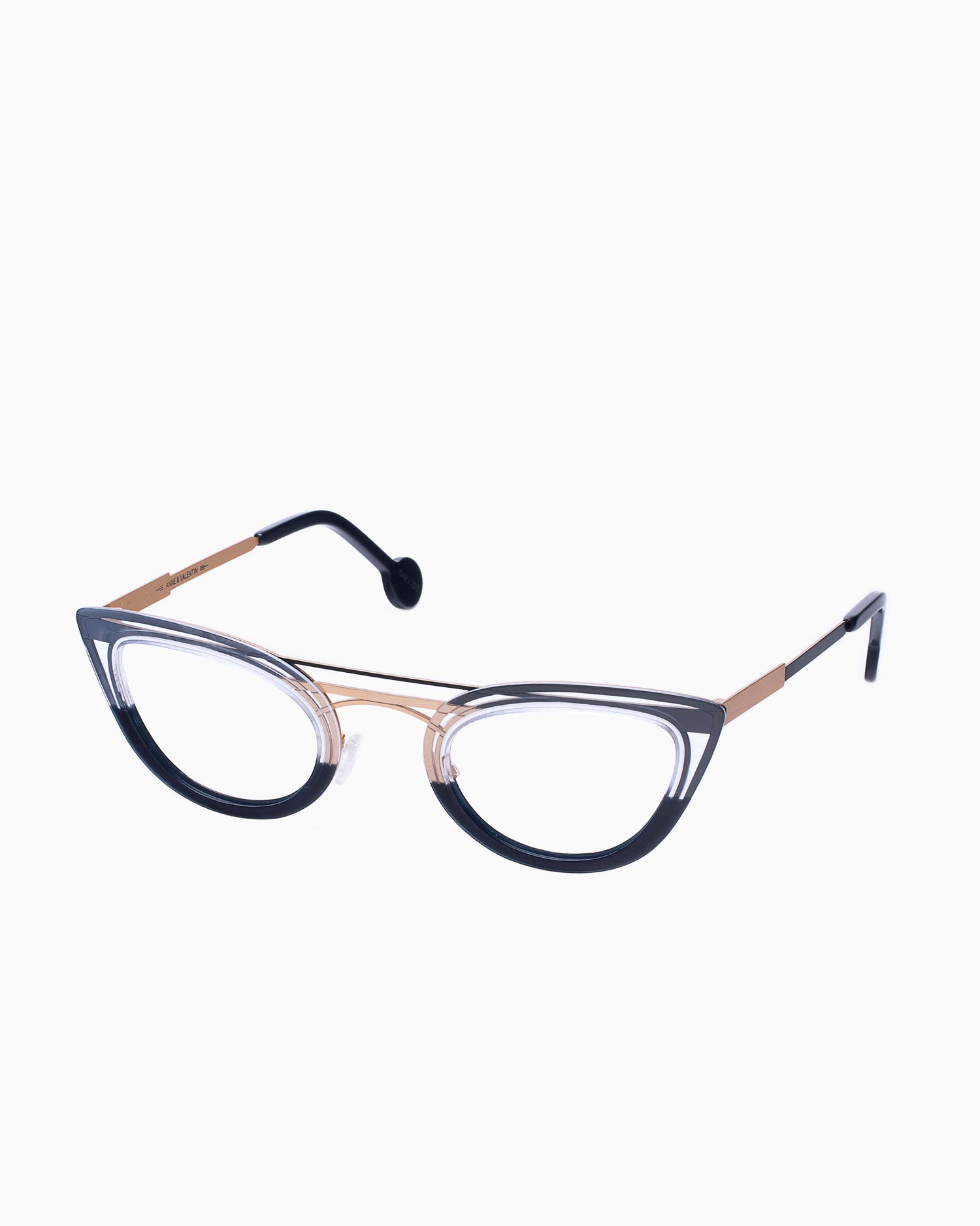 black metal cat eyeglasses by Anne et Valentin model Labyrinthe3, front view, lunettes de vue chat couleur Noir