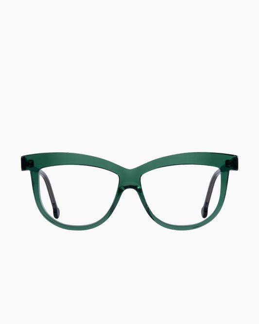 green plastic cat eyeglasses by Marie-Sophie Dion model Elis, front view, lunettes de vue chat couleur Vert