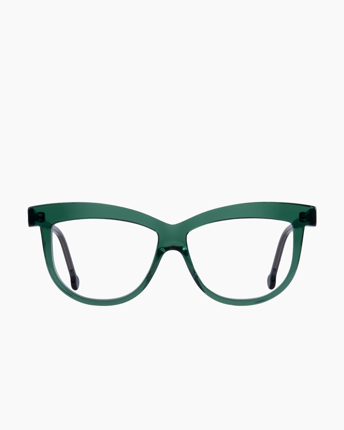 green plastic cat eyeglasses by Marie-Sophie Dion model Elis, front view, lunettes de vue chat couleur Vert