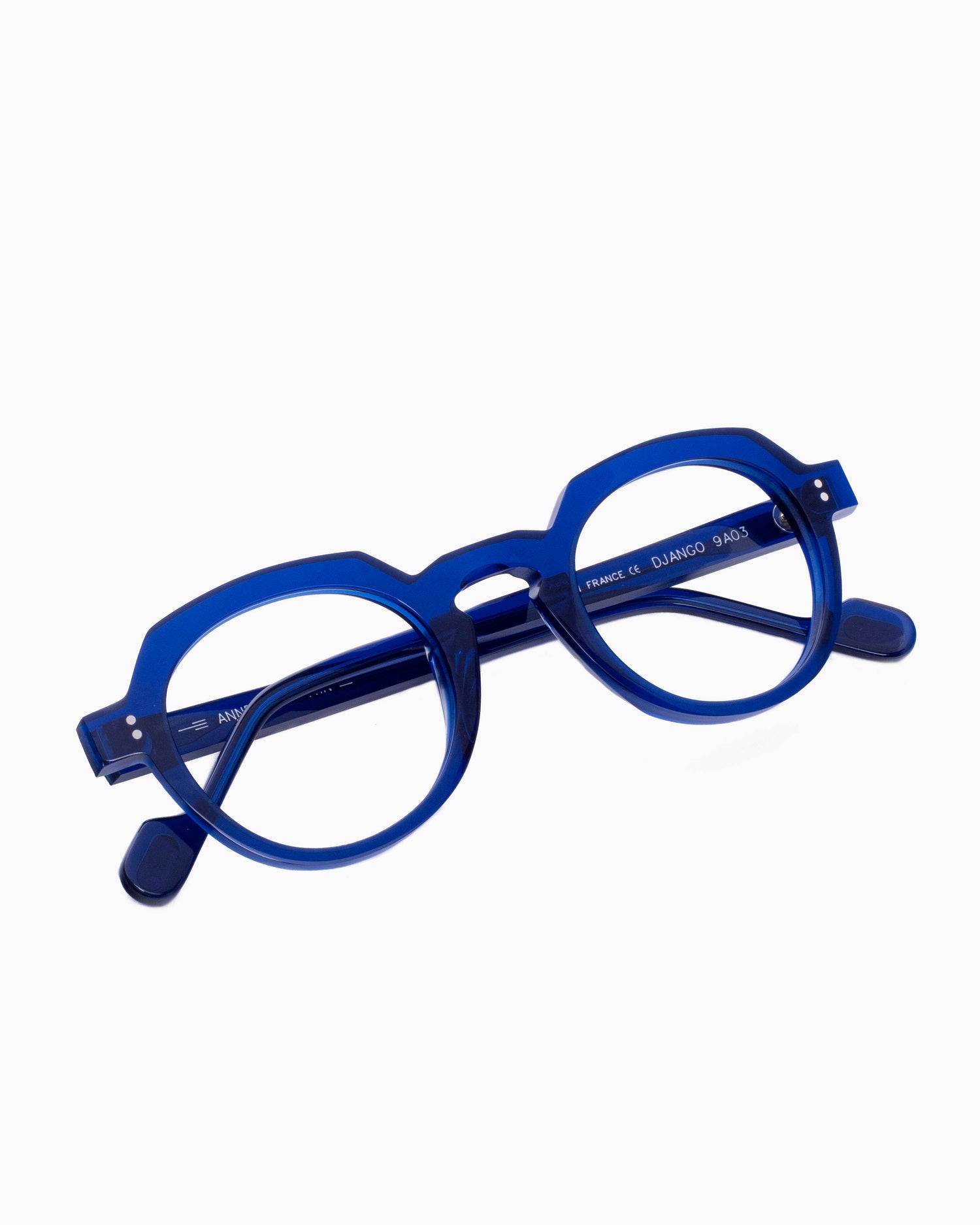 blue plastic round eyeglasses by Anne et Valentin model DJANGO, front view, lunettes de vue rond couleur Bleu