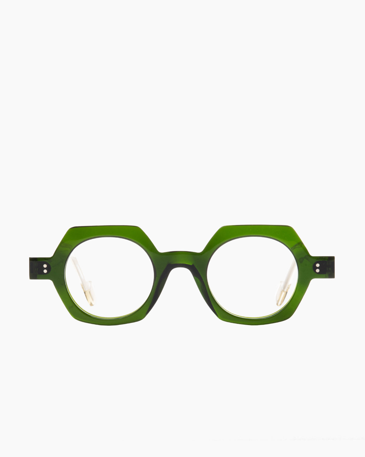 green plastic hexagon eyeglasses by Anne et Valentin model DELPY, front view, lunettes de vue hexagone couleur vert