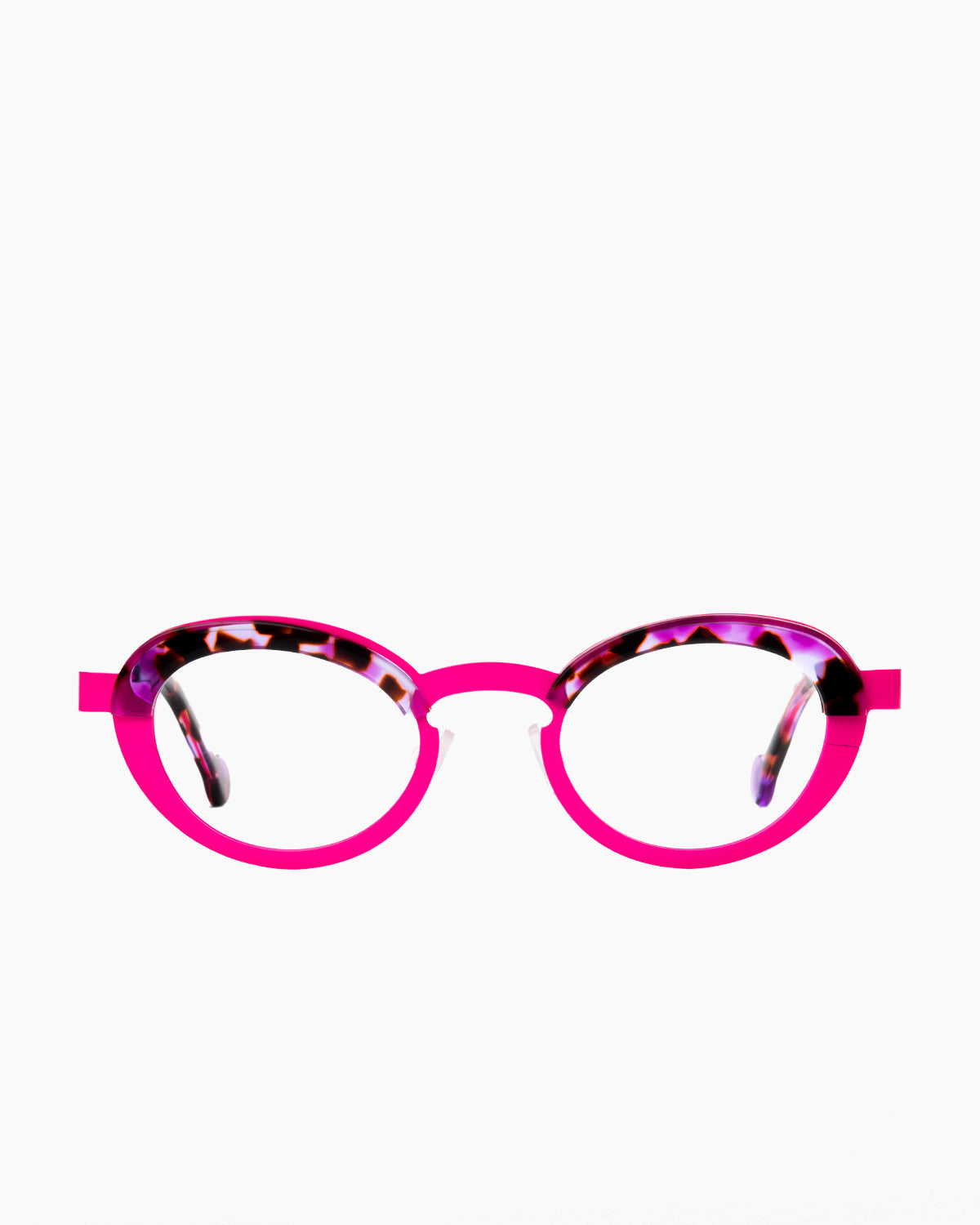 pink metal cat eyeglasses by Theo model Burner, front view, lunettes de vue chat couleur rose