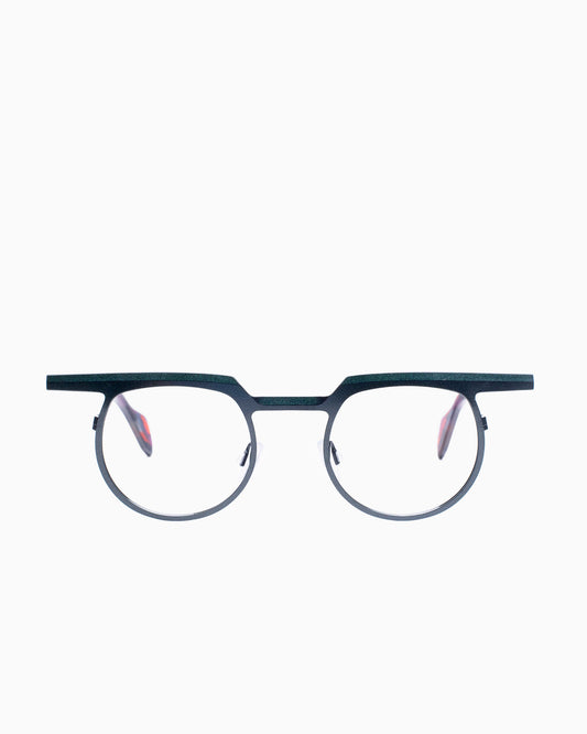 green metal round eyeglasses by Theo model Zinnia, front view, lunettes de vue rond couleur Vert