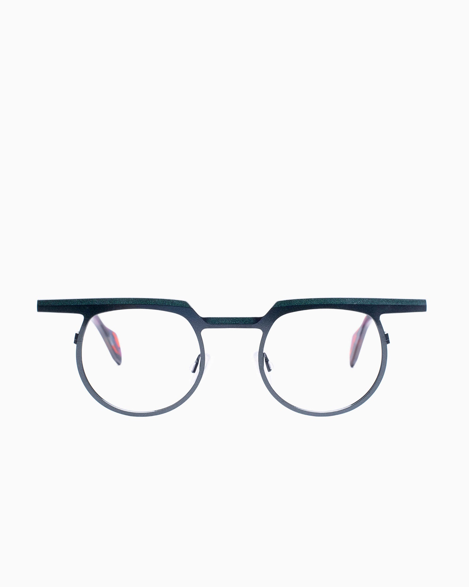 green metal round eyeglasses by Theo model Zinnia, front view, lunettes de vue rond couleur Vert