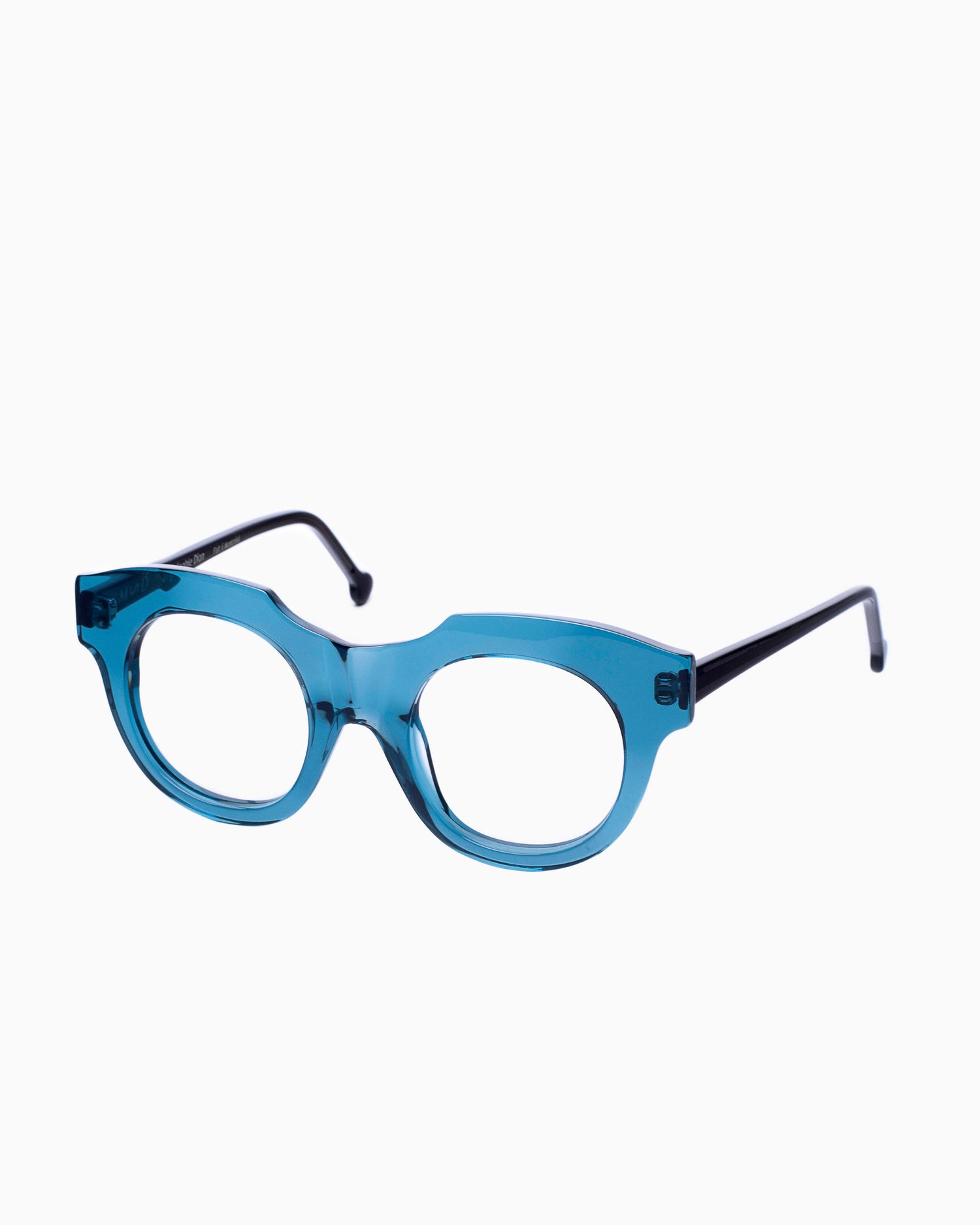blue plastic round eyeglasses by Marie-Sophie Dion model Genest, front view, lunettes de vue rond couleur Bleu