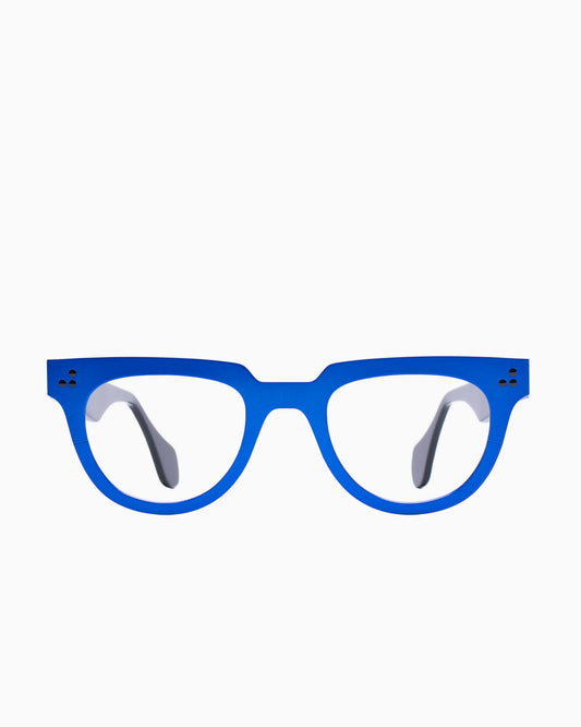 blue metal panto eyeglasses by Theo model cinquante+9, front view, lunettes de vue ovale couleur Bleu