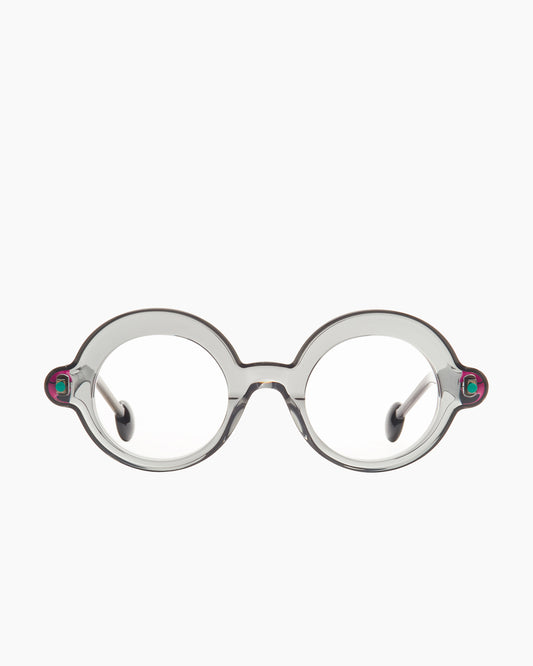 grey plastic round eyeglasses by Anne et Valentin model Blup, front view, lunettes de vue rond couleur gris
