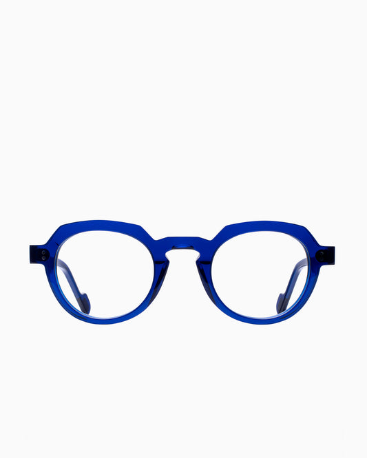 blue plastic round eyeglasses by Anne et Valentin model DJANGO, front view, lunettes de vue rond couleur Bleu