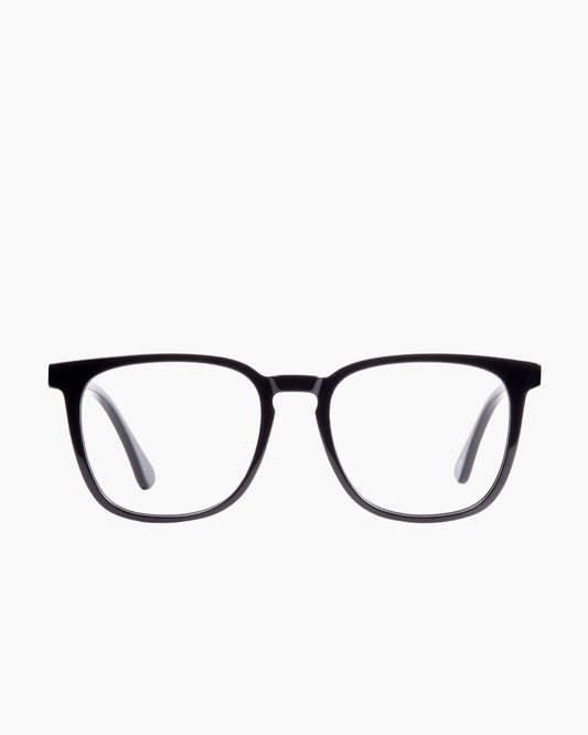 black plastic rectangle eyeglasses by Evolve model Rob, front view, lunettes de vue rectangle couleur Noir