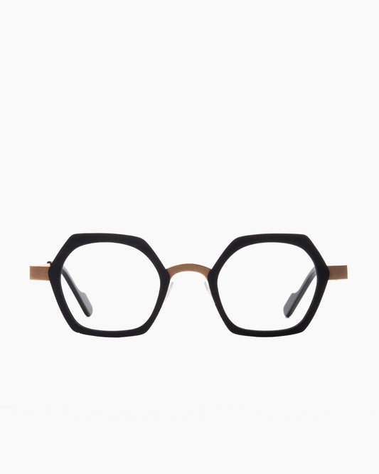 black metal hexagon eyeglasses by Anne et Valentin model Foryou, front view, lunettes de vue hexagone couleur Noir