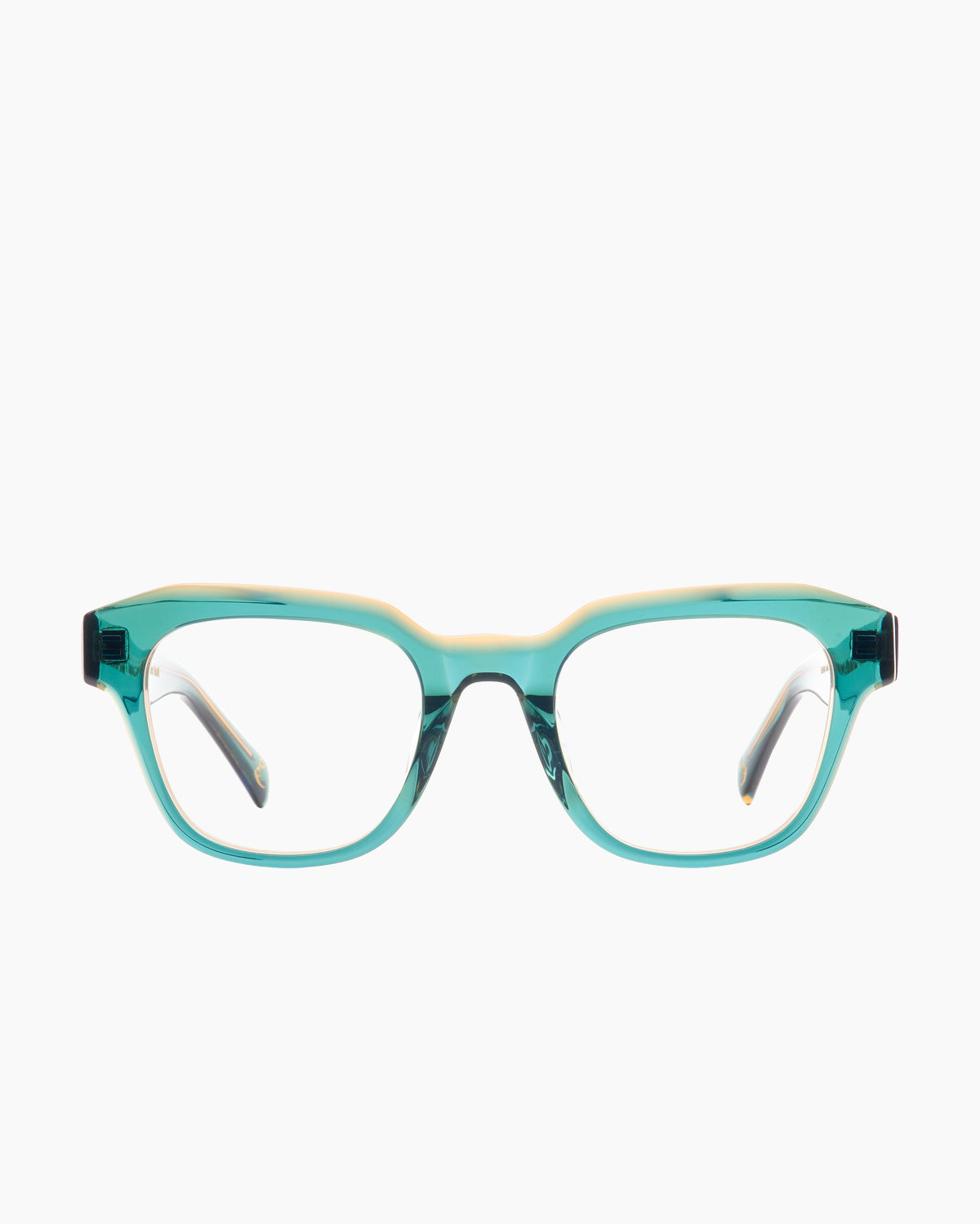 green plastic rectangle eyeglasses by Spectacleeyeworks model Becca, front view, lunettes de vue rectangle couleur vert