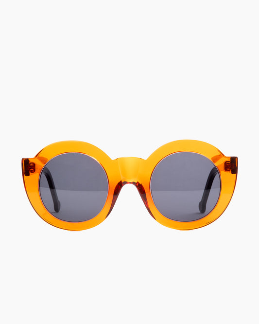 orange plastic round sunglassesby Marie-Sophie Dion model CollSun, front view, lunettes de vue rond couleur Orange