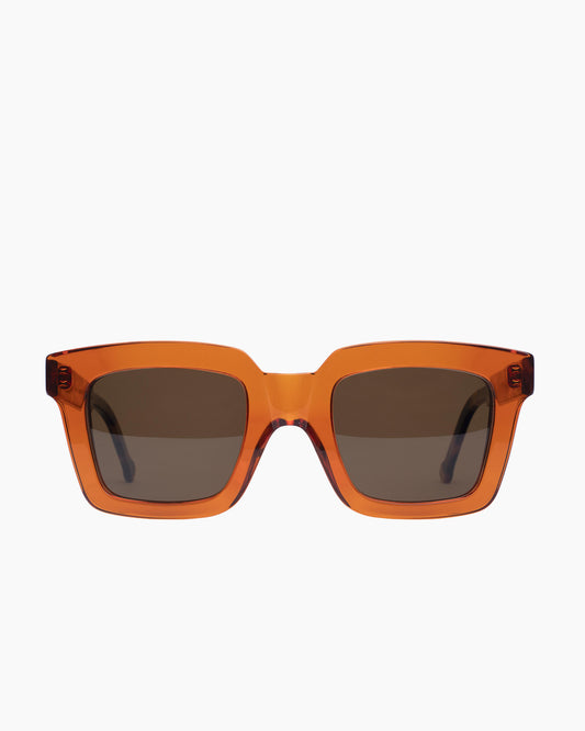 orange plastic rectangle sunglassesby Marie-Sophie Dion model WilkySUN, front view, lunettes de vue rectangle couleur Orange