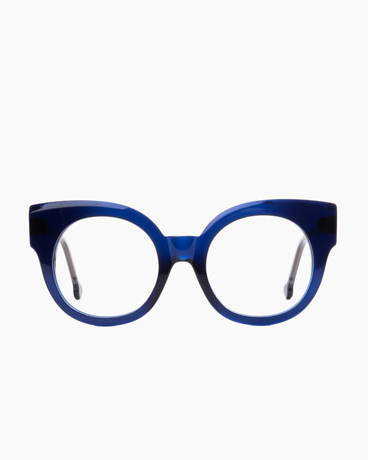 blue plastic round eyeglasses by Marie-Sophie Dion model Brixi, front view, lunettes de vue rond couleur Bleu
