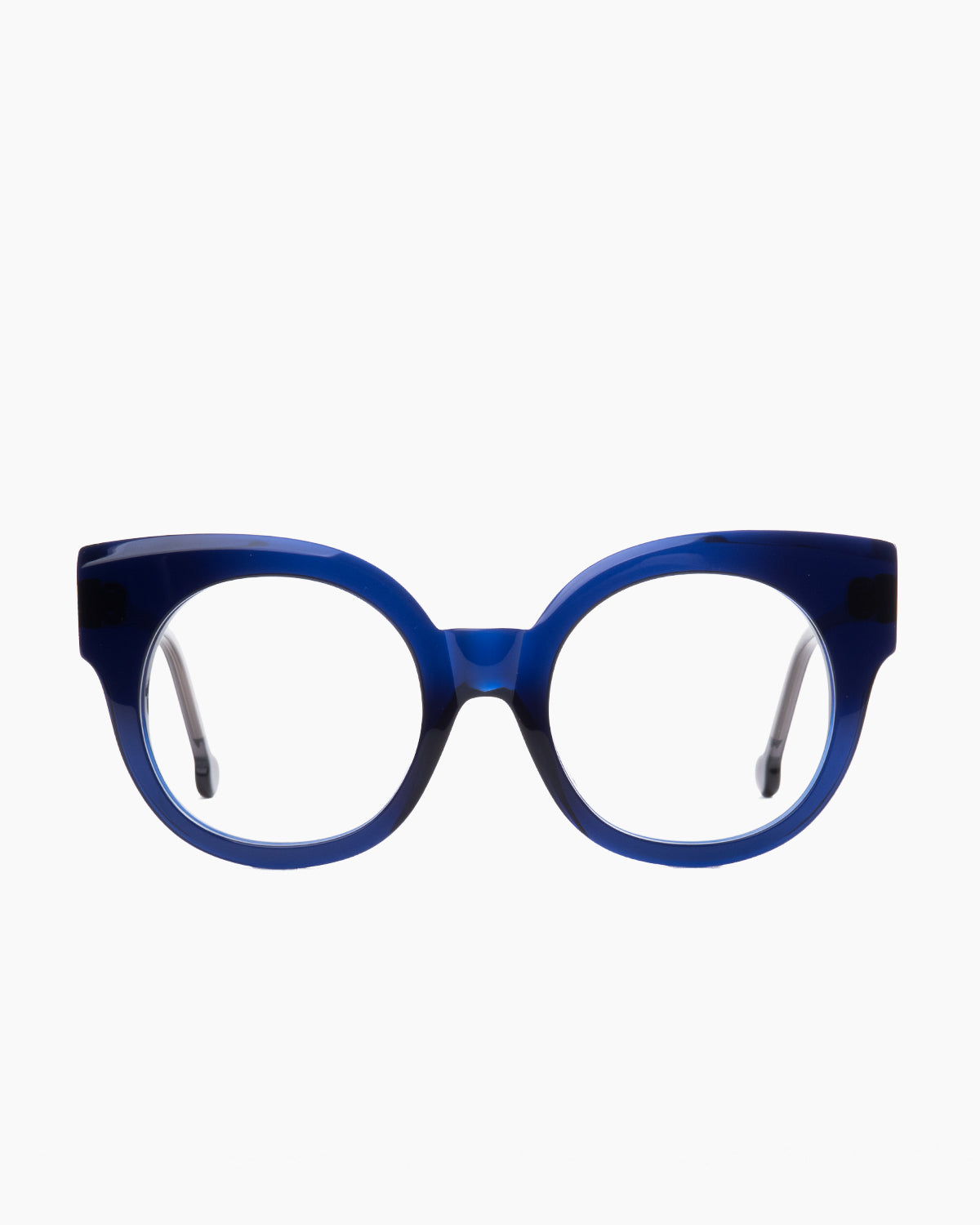 blue plastic round eyeglasses by Marie-Sophie Dion model Brixi, front view, lunettes de vue rond couleur Bleu