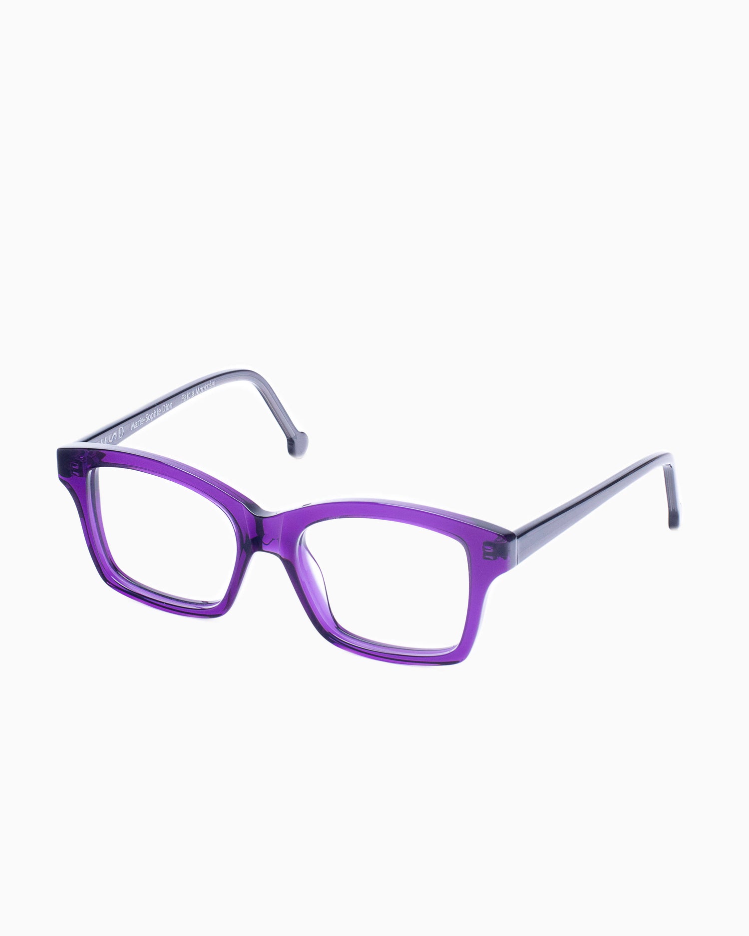 purple plastic butterfly eyeglasses by Marie-Sophie Dion model Giguere, front view, lunettes de vue papillon couleur violet