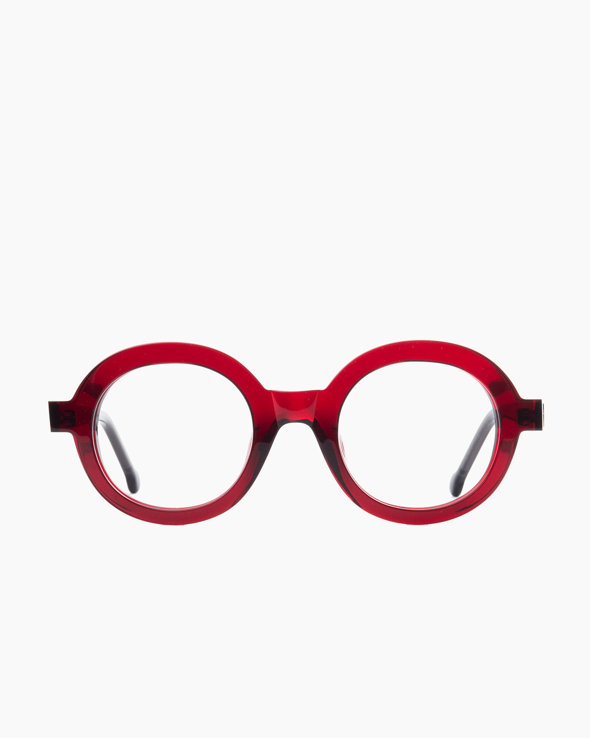 burgundy plastic round eyeglasses by Marie-Sophie Dion model Luisa, front view, lunettes de vue rond couleur bourgogne