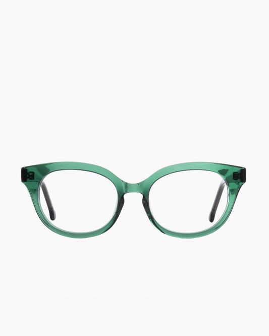 green plastic cat eyeglasses by Marie-Sophie Dion model Gaudet, front view, lunettes de vue chat couleur vert