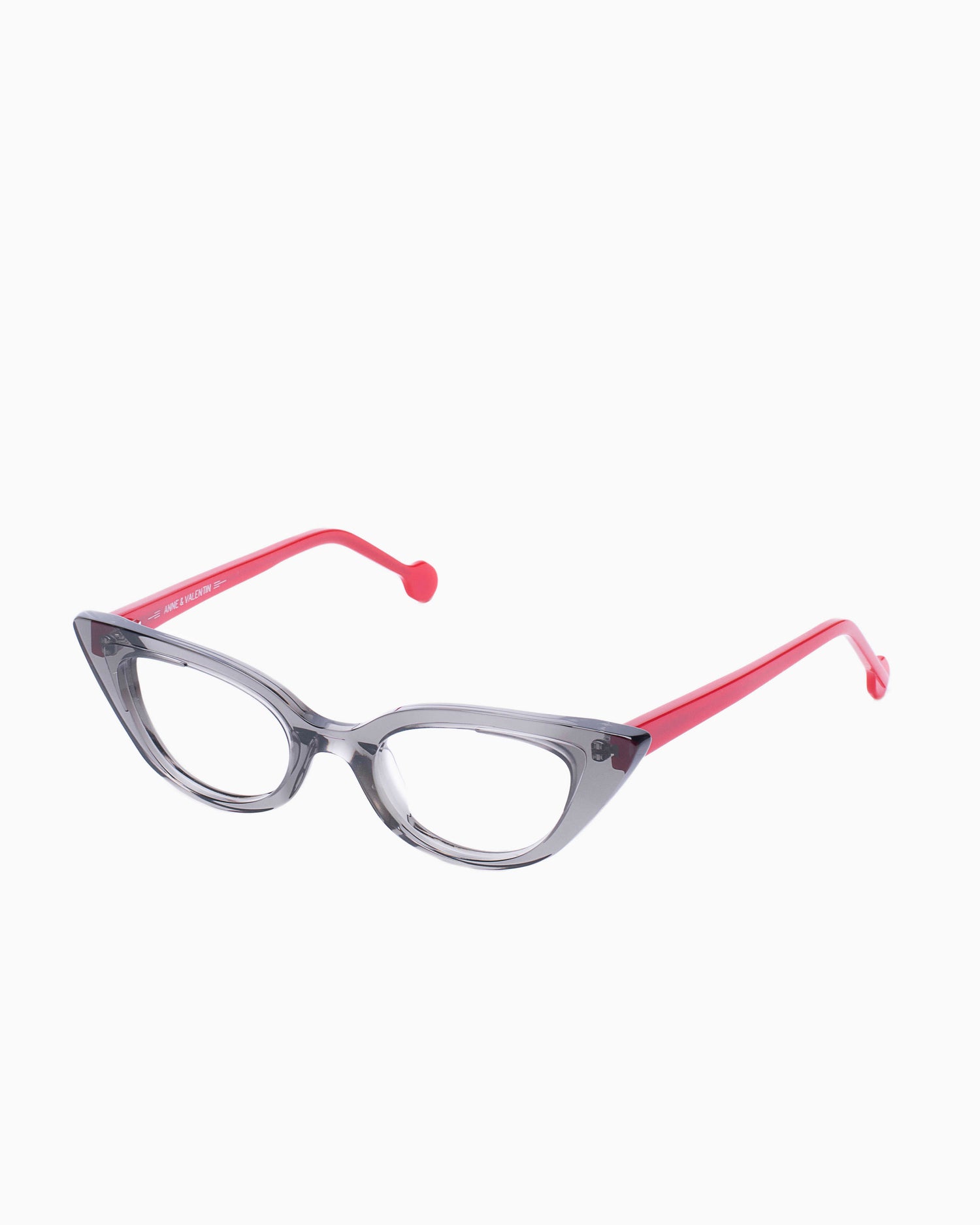 grey plastic cat eyeglasses by Anne et Valentin model ILOVE, front view, lunettes de vue chat couleur Gris