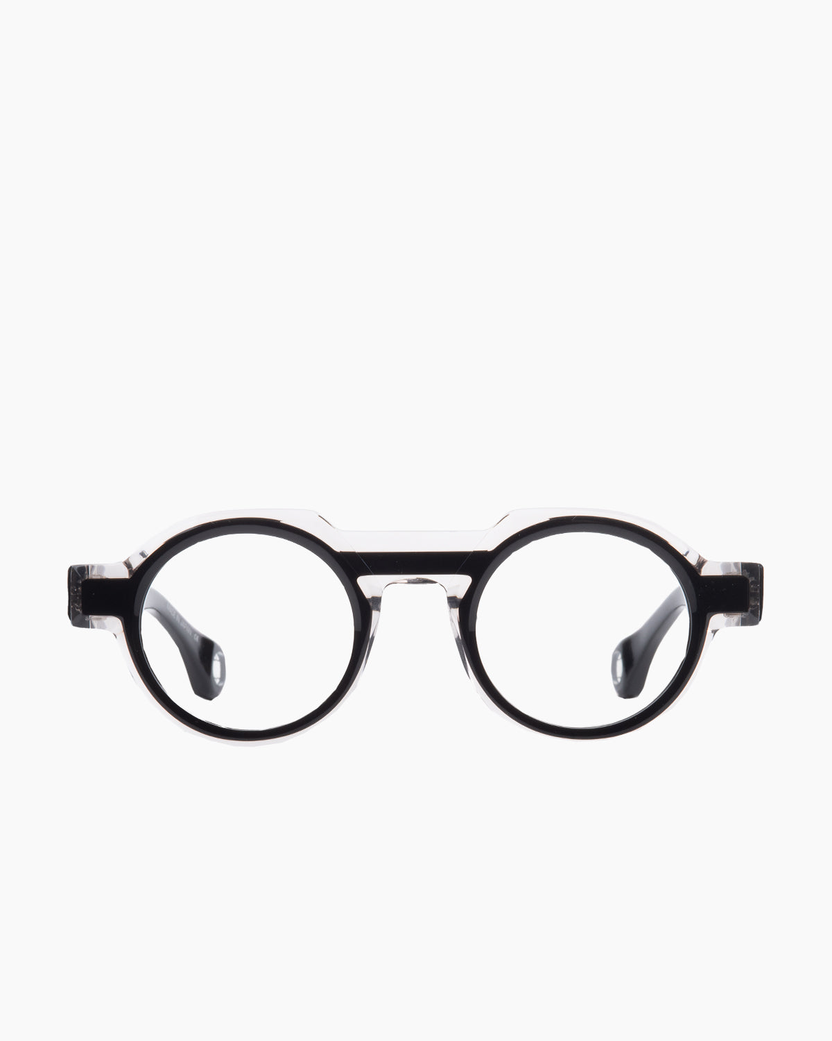 black plastic round eyeglasses by Blake Kuwahara model Kellogg, front view, lunettes de vue rond couleur Noir