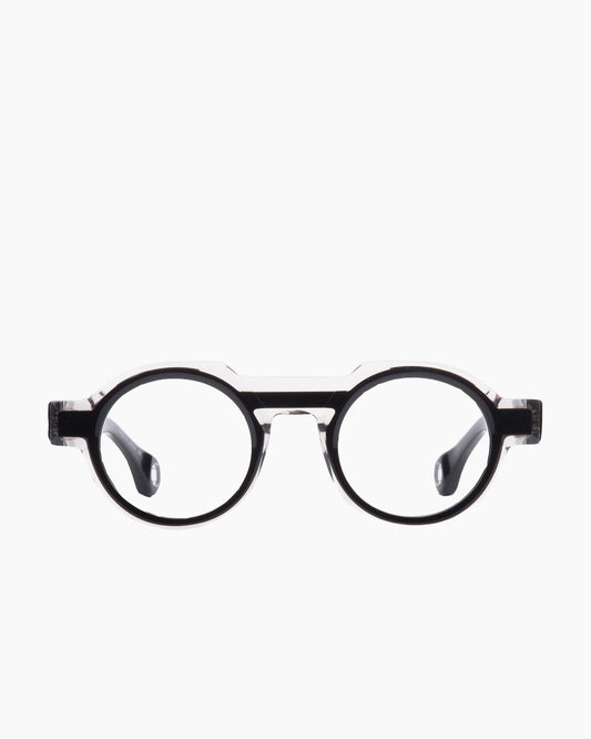 black plastic round eyeglasses by Blake Kuwahara model Kellogg, front view, lunettes de vue rond couleur Noir