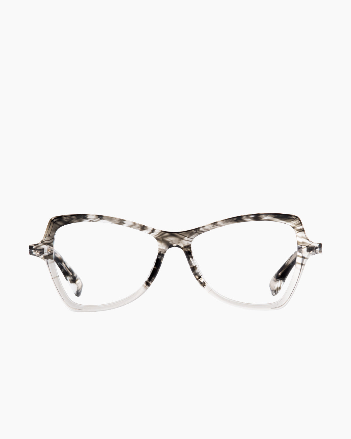 grey plastic butterfly eyeglasses by Theo model Bedtime, front view, lunettes de vue papillon couleur gris