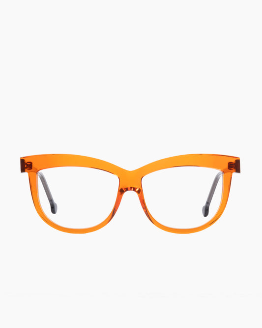 orange plastic cat eyeglasses by Marie-Sophie Dion model Elis, front view, lunettes de vue chat couleur Orange