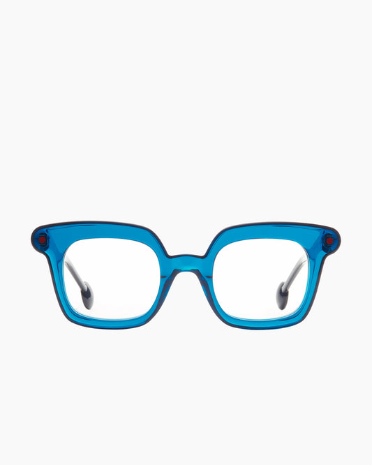 blue plastic rectangle eyeglasses by Anne et Valentin model Bop, front view, lunettes de vue rectangle couleur bleu