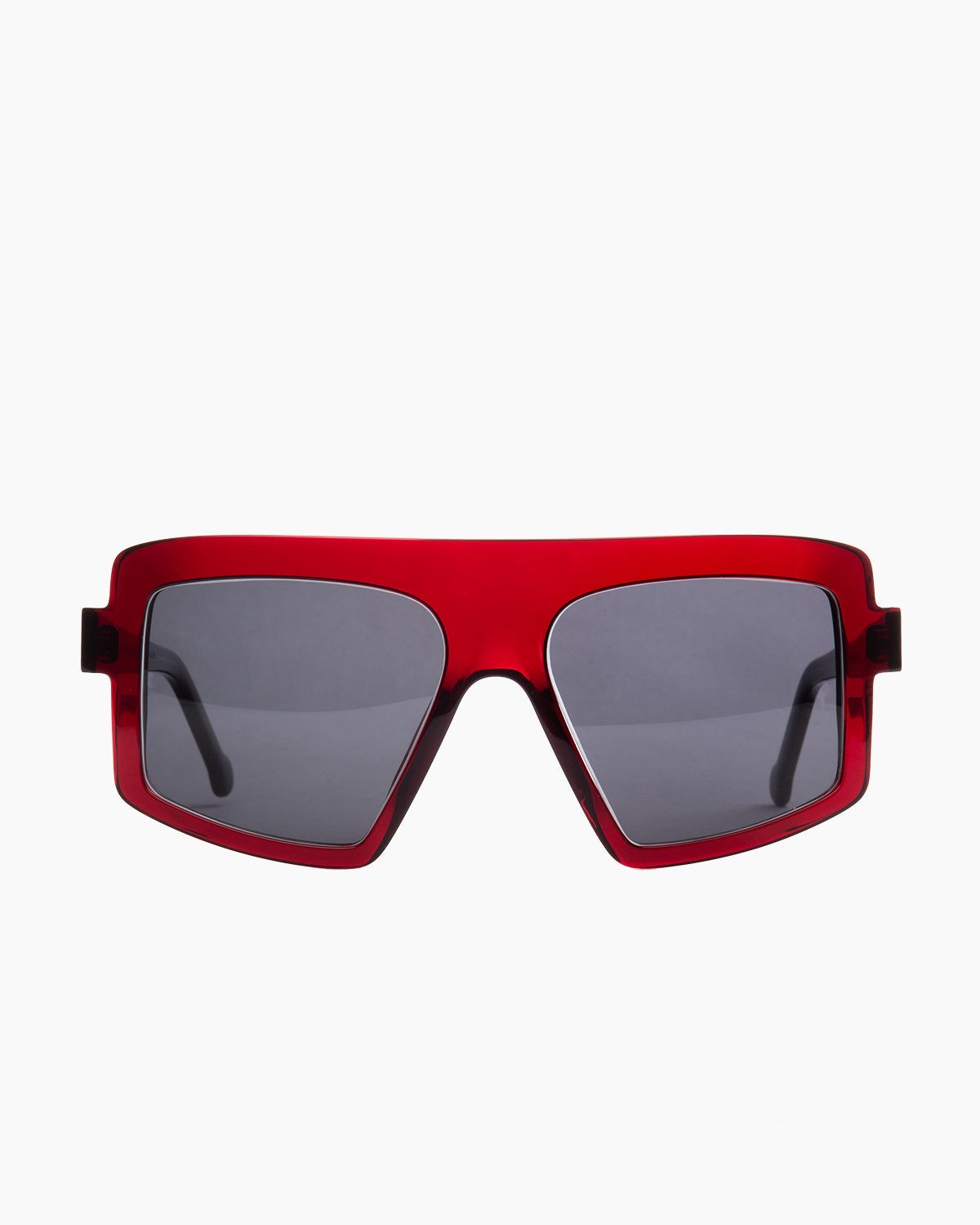 burgundy plastic rectangle  sunglassesby Marie-Sophie Dion model Larochelière, front view, lunettes de vue rectangle couleur bourgogne