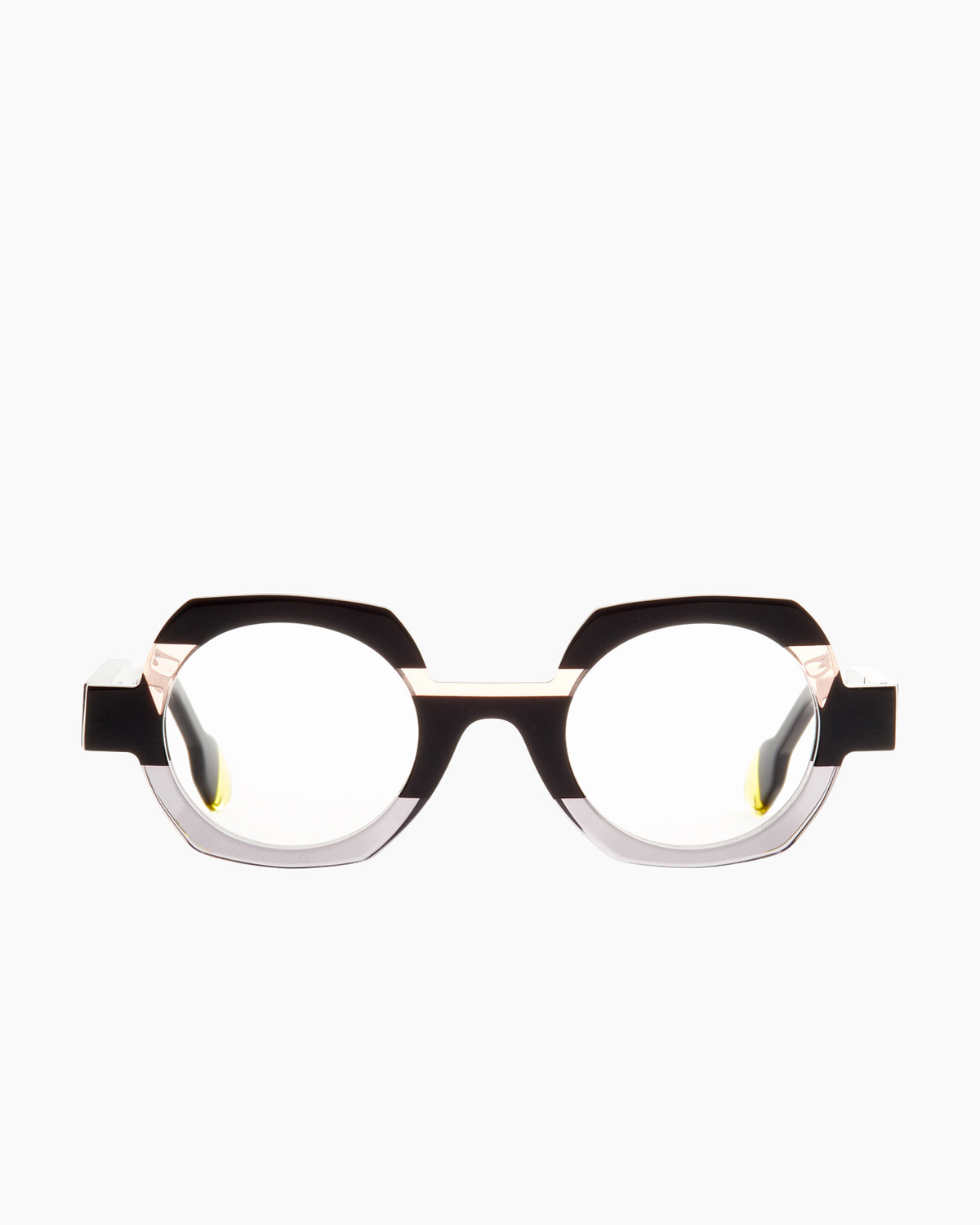 black plastic round eyeglasses by Anne et Valentin model Hehe, front view, lunettes de vue rond couleur noir