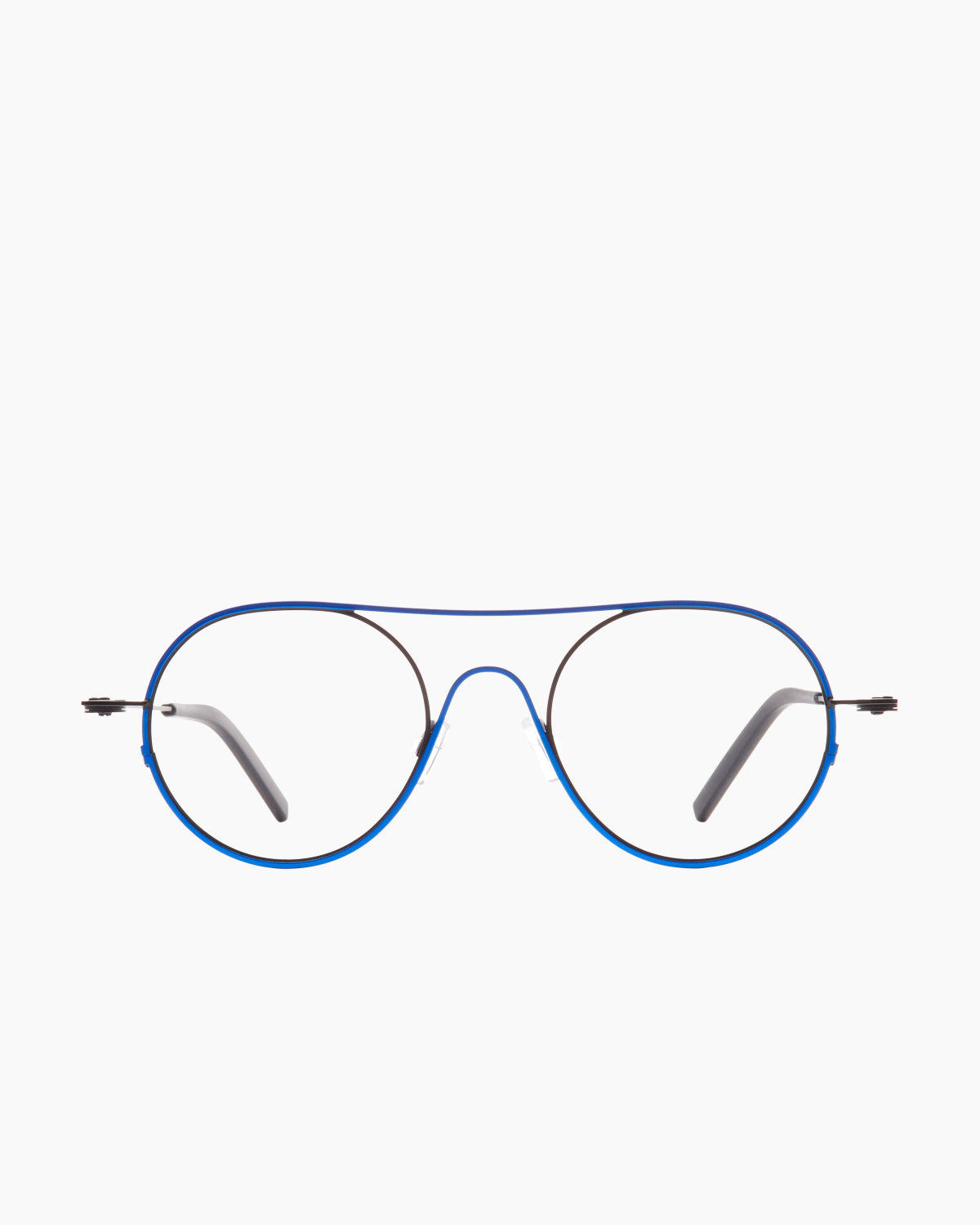 blue metal round eyeglasses by Theo model Isobar, front view, lunettes de vue rond couleur bleu