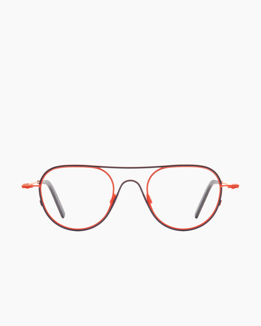 orange metal round eyeglasses by Theo model Isotherm, front view, lunettes de vue rond couleur orange