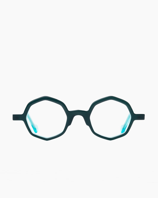 turquoise plastic octogon eyeglasses by Anne et Valentin model Adelys, front view, lunettes de vue octogone couleur turquoise