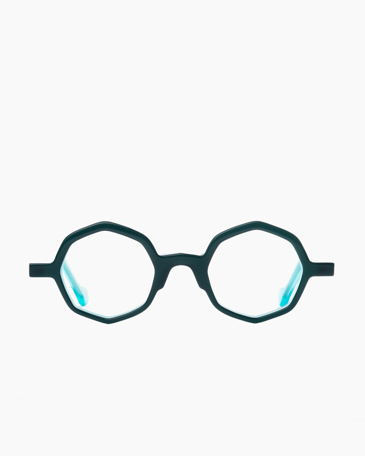 turquoise plastic octogon eyeglasses by Anne et Valentin model Adelys, front view, lunettes de vue octogone couleur turquoise