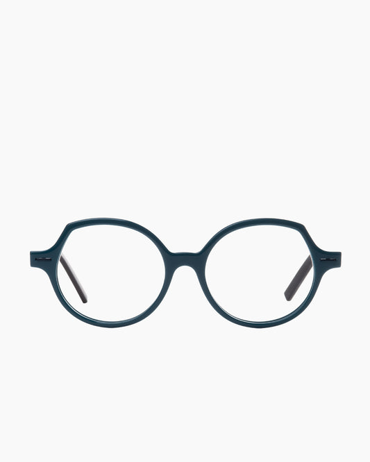 green plastic round eyeglasses by Theo model Slay, front view, lunettes de vue rond couleur vert