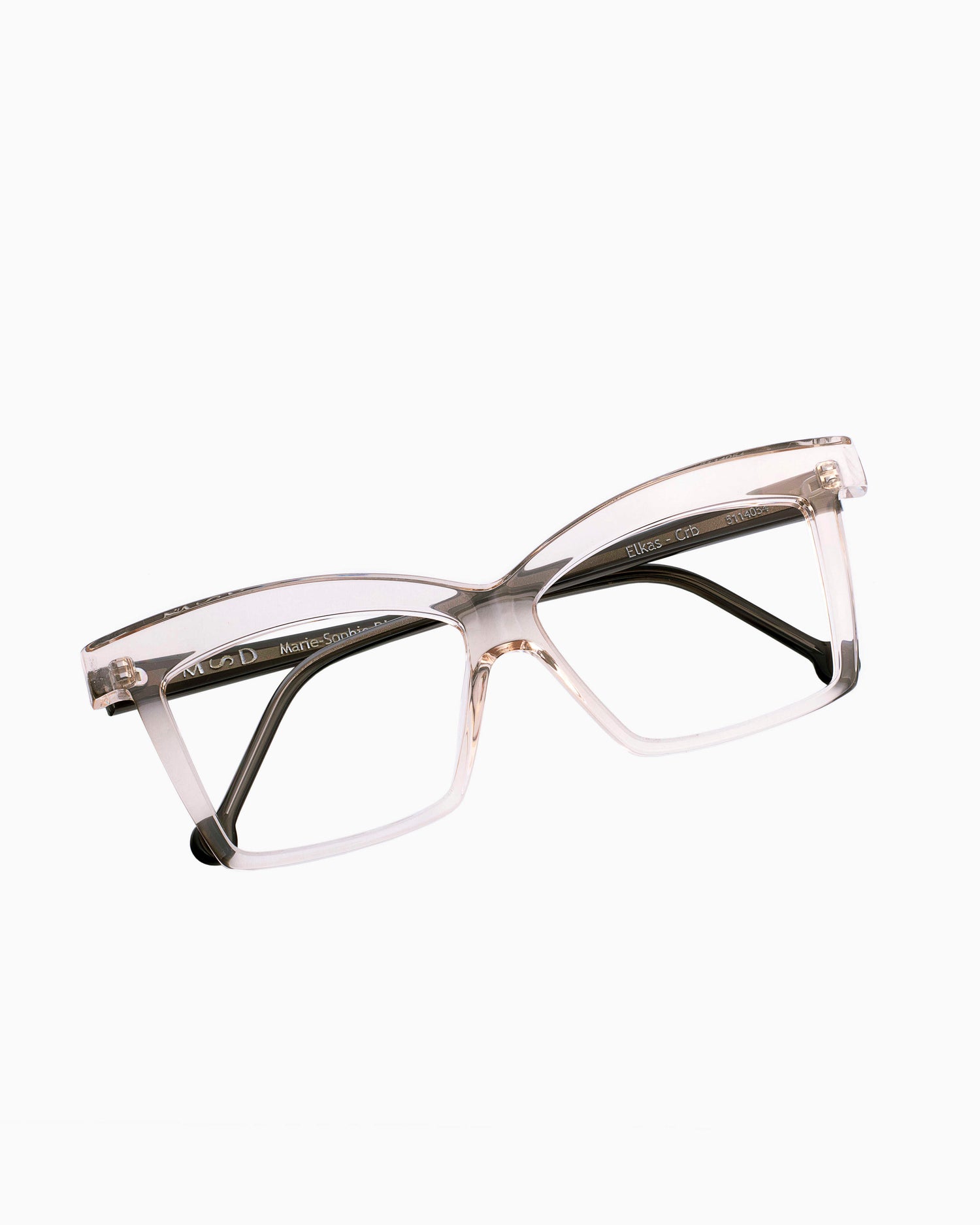 pink, beige plastic butterfly eyeglasses by Marie-Sophie Dion model Elkas, front view, lunettes de vue papillon couleur rose, beige