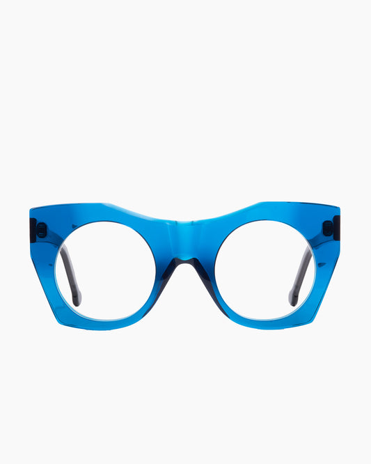 blue plastic round eyeglasses by Marie-Sophie Dion model McKee, front view, lunettes de vue rond couleur bleu