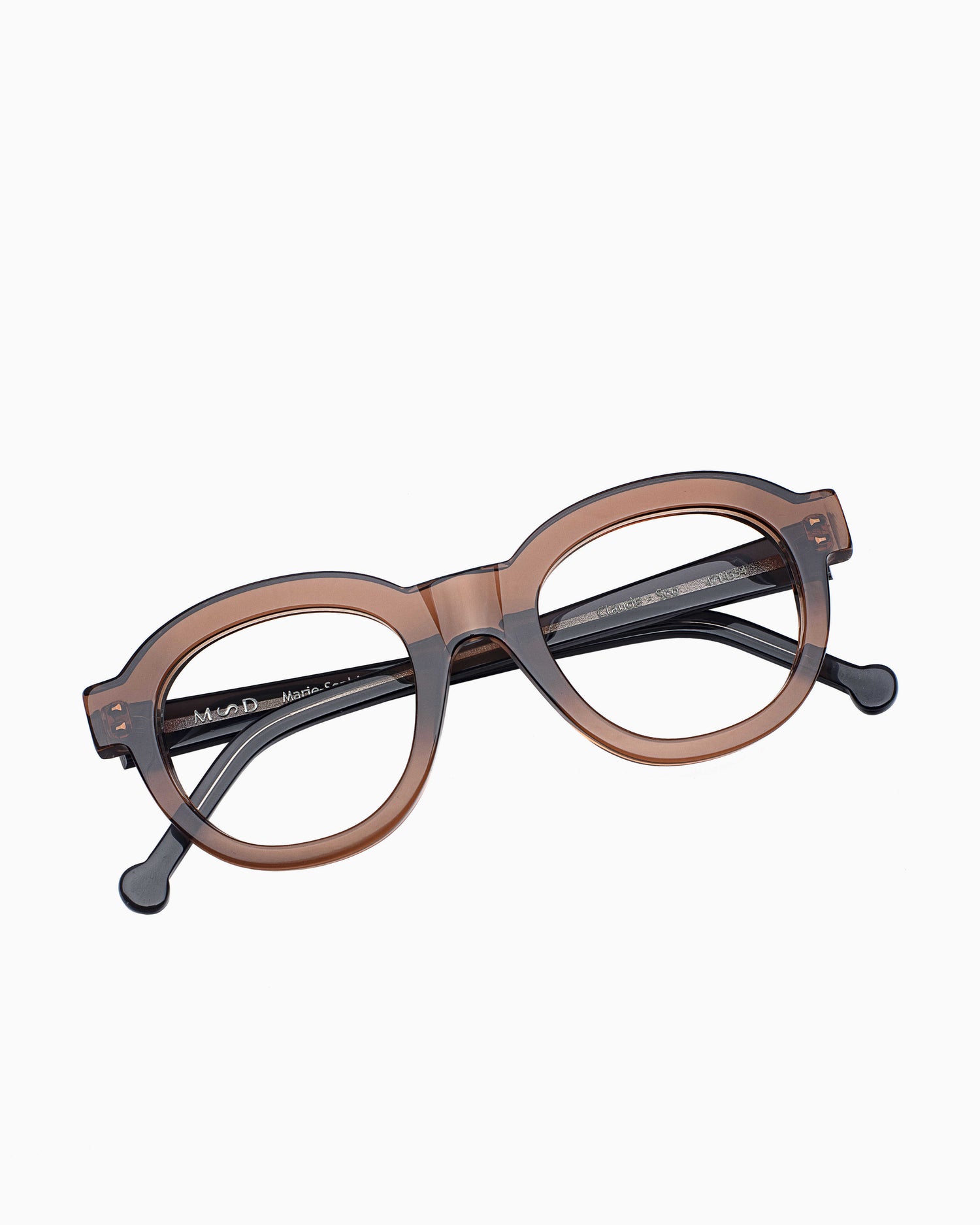 brown plastic round eyeglasses by Marie-Sophie Dion model Claude, front view, lunettes de vue rond couleur Brun